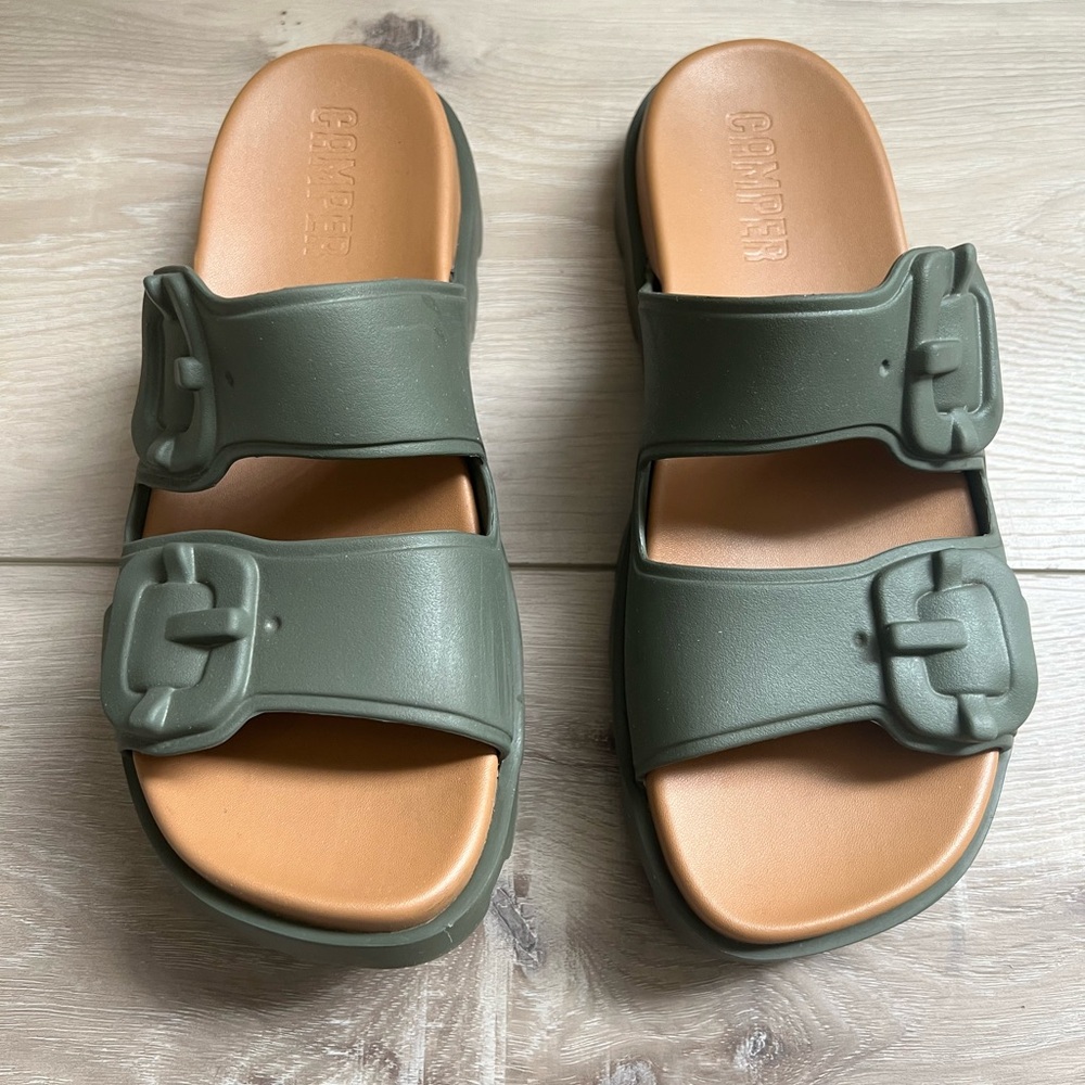 Camper Brutus Olive Green Dual-Strap Slide Sandals with Tan Footbed